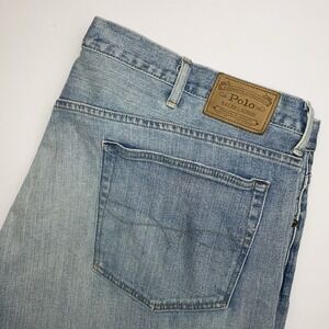 Polo Ralph Lauren Varick Slim Straight Jeans Mens 46x30 Blue Light Wash Whiskers